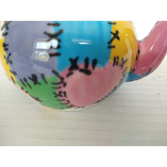 Vintage 2005 Hand Painted Signed Tea Set Pot Sugar Bowl Creamer patchwork - Picture 15 of 16